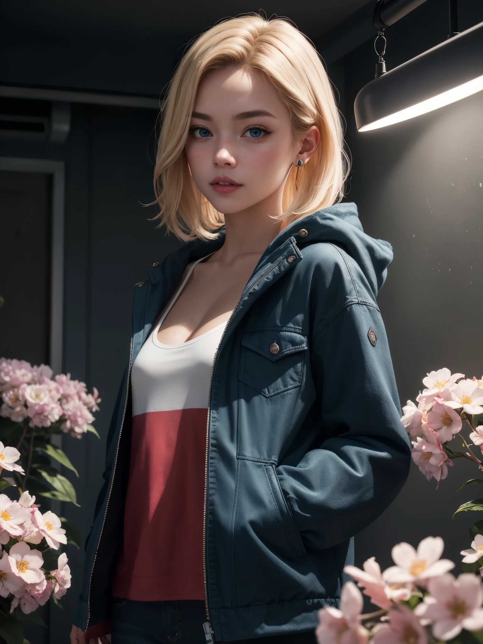 1 sister, blonde with blue eyes,  cshow on_Hall, Small animals_Hall, Alone, Dark_skin, suntanning_skin, Foggy neon futuristic,  Summer jacket, sakura flowers falling, Estilo Retrato, lookingat_show on_Peek at viewers, cinemshow onic lighting,  eyeline, cosmetics, Emotional,  The content is very detailed, wide wide shot, Focus sharp,    ringlights, edge lit, ocsuntanninge render, ringlights, edge lit, nvinkpunk, Sandor Isaac