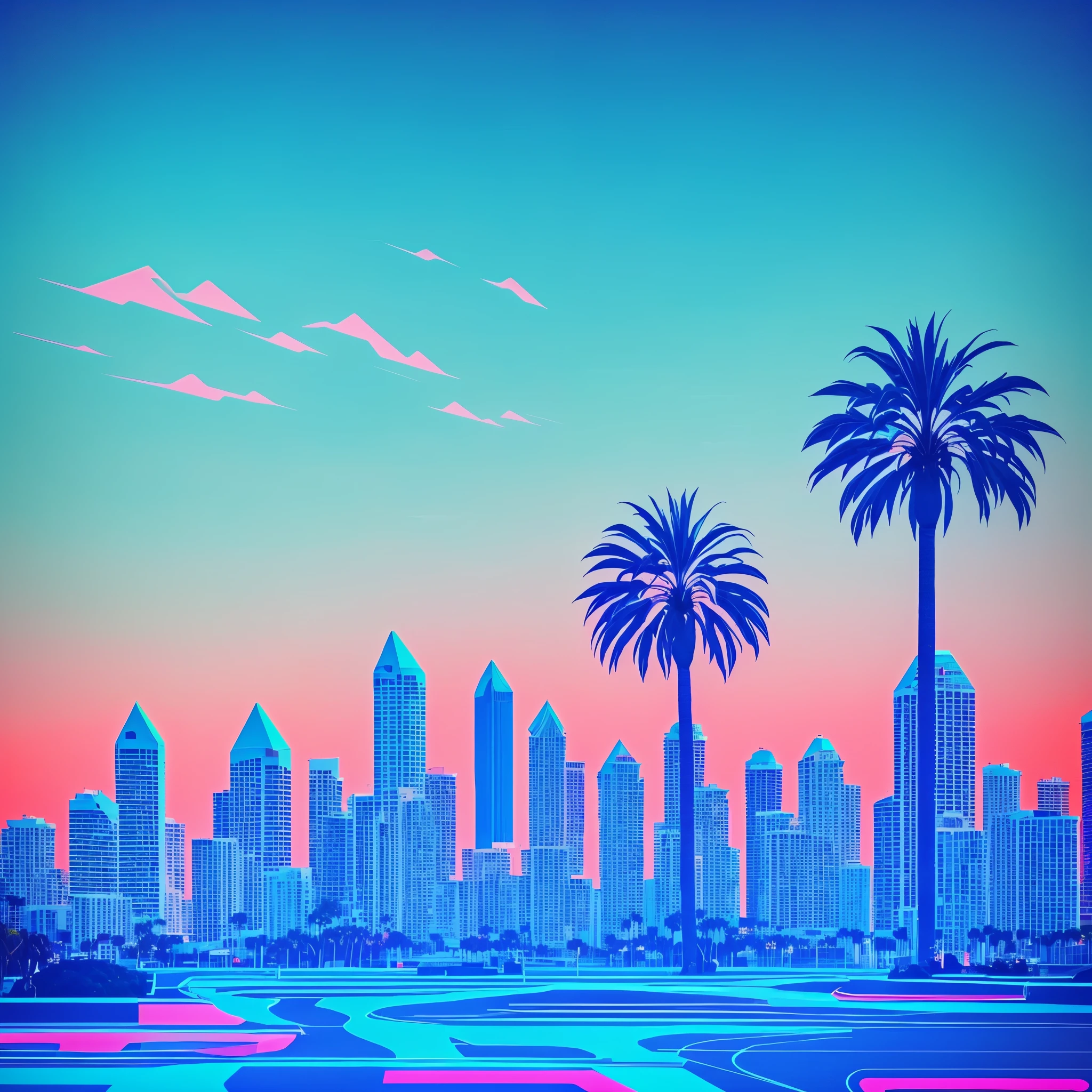 (abstrato) (vaporwave) (synthwave) (San Diego downtown) (palms) geometrical forms, futurismo, surreal, paisagem, distopia