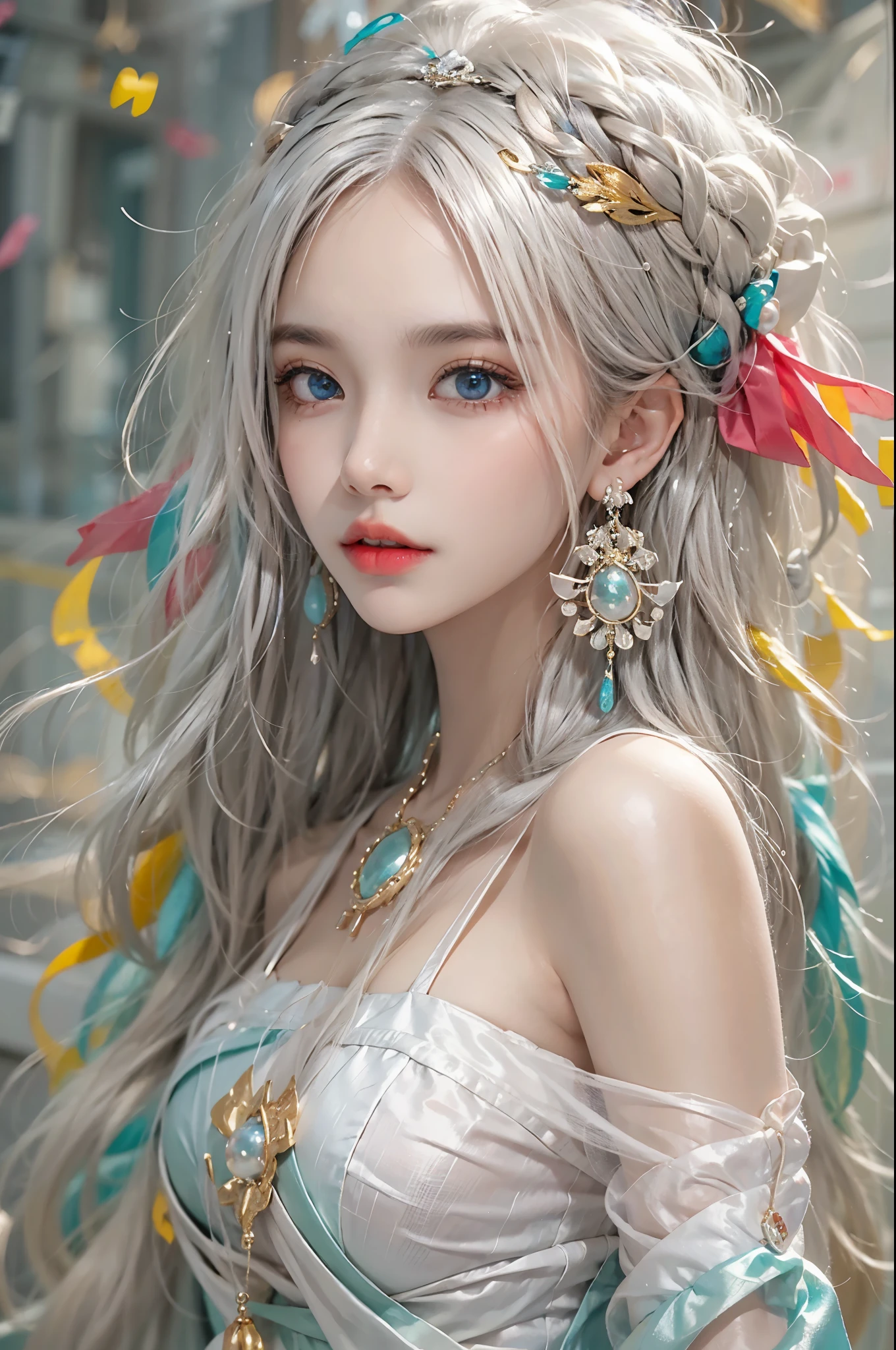 realisticlying, A high resolution, Colorful, 1 girl, Alone, hip-up, pretty eyes, long whitr hair,  Gorgeous accessories, Wear pearl earrings