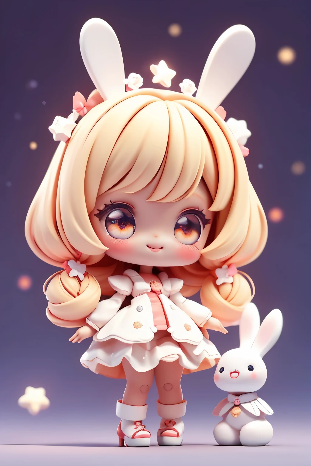 Cute little 黑色的 girl doll with bunny ears, 微笑, 小娃娃, 眼中星光, 眼睛向上, 一起大笑, 可爱的红鞋子, 超详细, 光芒四射, 生物发光, 从侧面拍摄, 更强的散景效果, 雪花, 白色公鸡服装, (古铜色的肌肤: 1 .8), 金头发, 黑色的