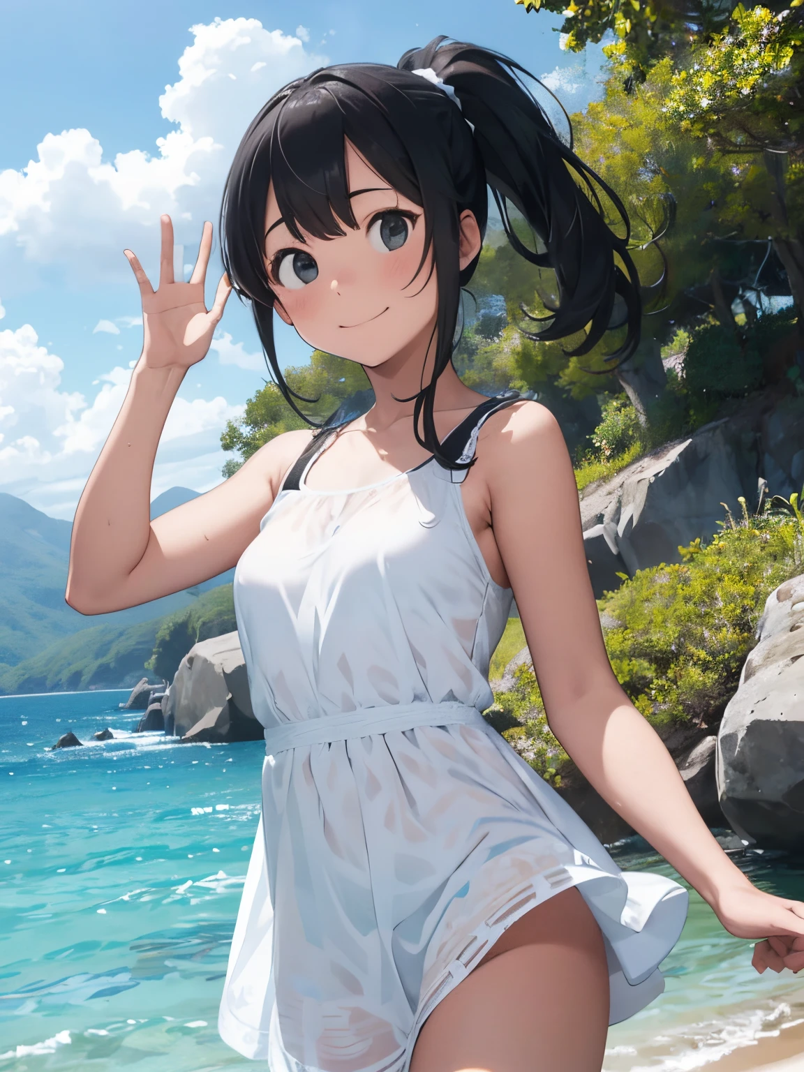 16yo girl,Waving loudly with a remote island in the background,Hairstyle Ponytail,Summery white dress,Beautiful breasts,Watching me,A smile