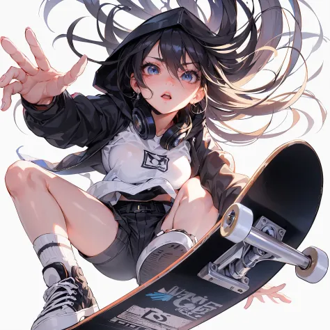 (Best Quality, masutepiece),ultra detailed photographic,1girl in, female skateboarder ,Large breasts,nice legs,Shoot the ball,At the skateboarding venue,Detailed beautiful face,Beautiful eyes,detailed hairs,detailed  clothes,Detailed realistic skin,Cool,Dy...