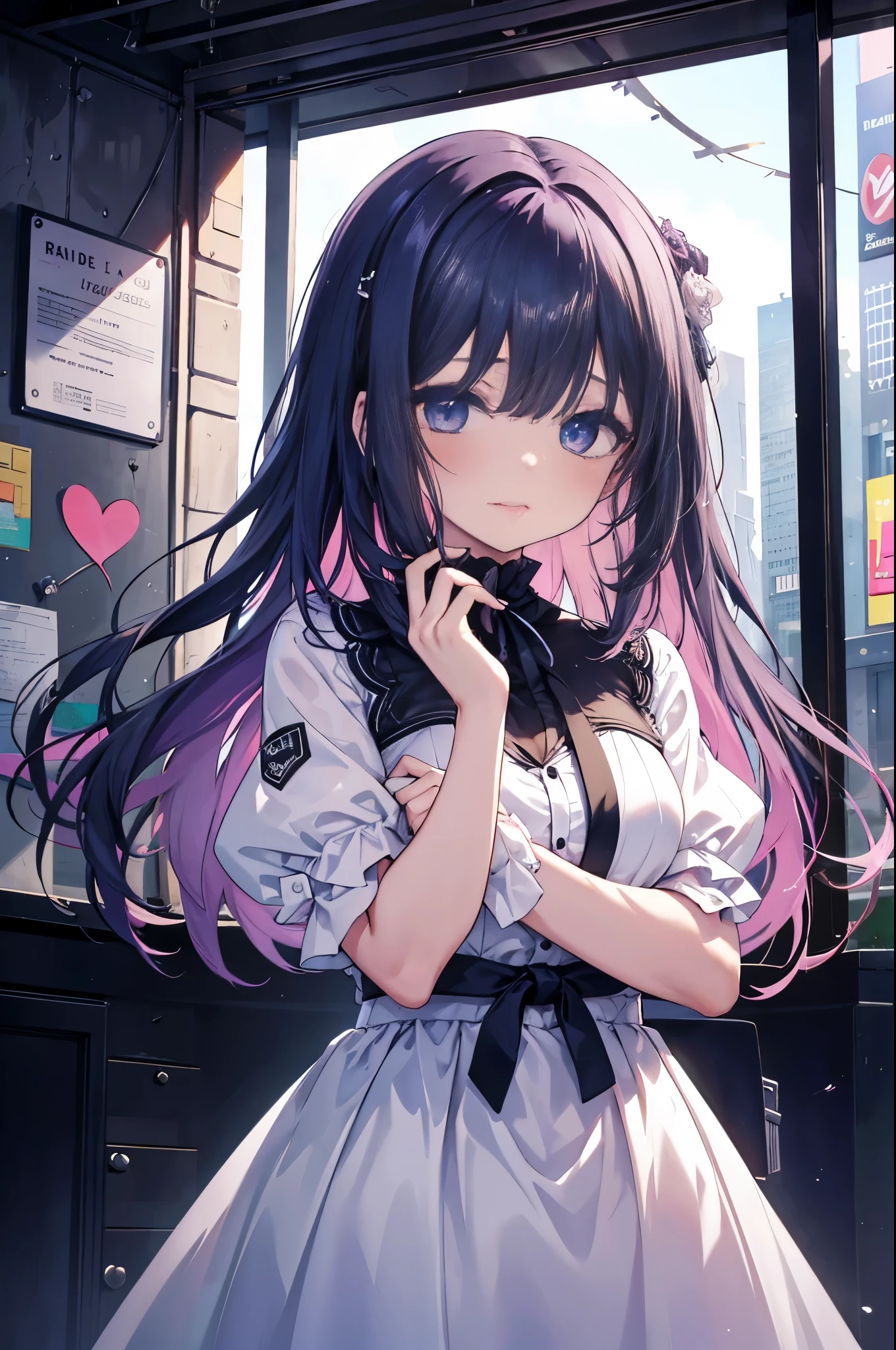 Anime girl with long hair and a white dress standing in front of a window -  SeaArt AI