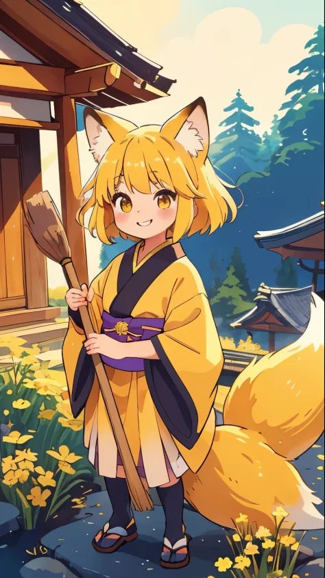 one girls。Cute little girl s。Yellow hair。short-hair。yellow fox ears。yellow fox tail。A slight smil。see the beholder。Japan priestess costume。hold a long broom with both hands。The background is a shrine of Japan。