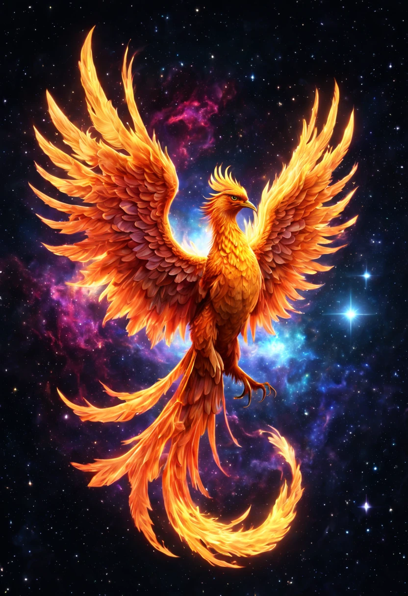 Detailed Fiery phoenix flying through the cosmos, stars and galaxies, 8k resolution holographic astral cosmic hyperdetailed