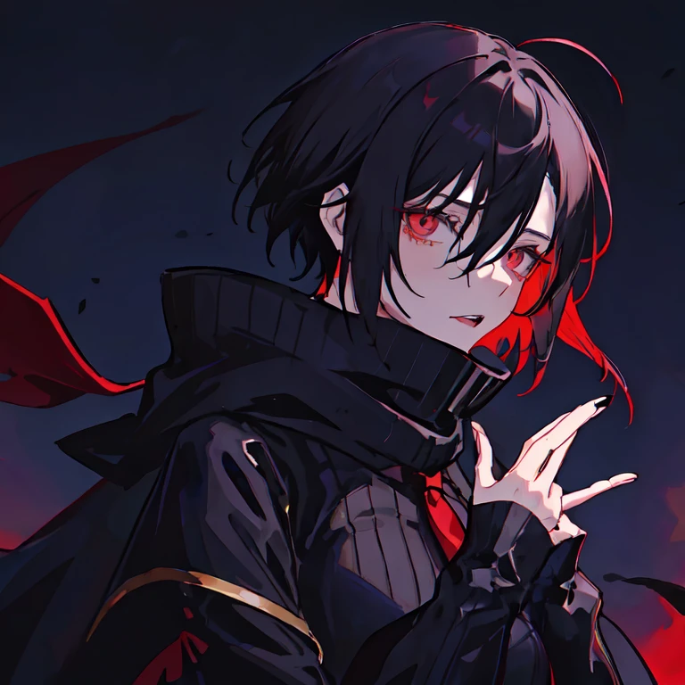 anime character ，male anime characters, Deformed，Gothic Girl,、highlighted by a dark atmosphere.Loose clothing， 短いA dark-haired, red eyes，short-cut，A dark-haired，inner colored，Erotic，Bob cut with impressive eyes，Long Length Clothing，profile image，icons，wearing a big scarf，