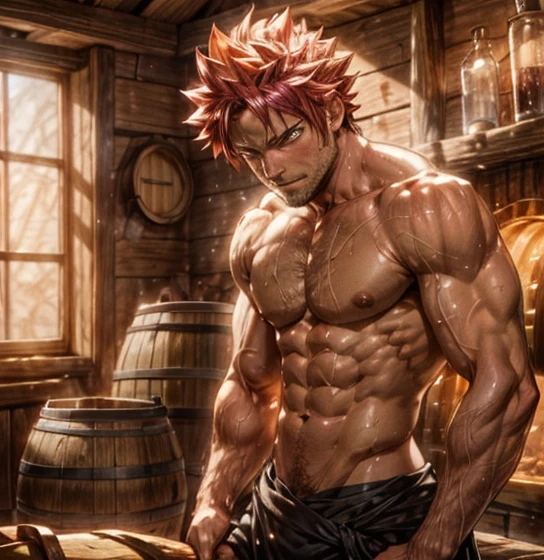 Natsu Dragneel, naked, muscular body, washboard abs and pecs, cum flowing, medium, ultra-detailed, realistic:1.37, vivid colors, portraits, warm color tones, soft, warm lighting, inside a tavern, looking handsome and rugged, wine barrels , hearth in the background