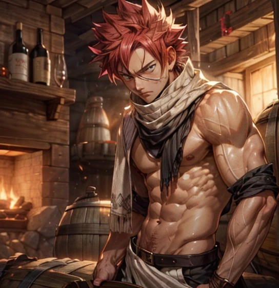 Natsu Dragneel, nu, corpo musculoso, abdômen e peitorais de tábua de lavar, cum fluindo, médio, Ultra-detalhado, realista:1.37, cores vivas, retratos, tons de cores quentes, Macio, iluminação quente, dentro de uma taberna, parecendo bonito e jovem, barris de vinho , lareira ao fundo, ((Lenço Branco))