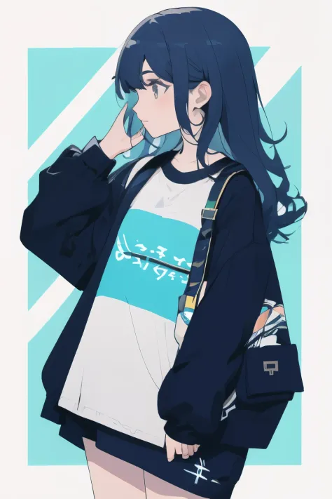 Geometric pattern background:1.3、dark color、cute girl hair、Looking away、white baggyＴThe shirt、プリントThe shirt、loose-fitting clothes、Retro、top-quality、ultra-detailliert、High quality detailing、Blue