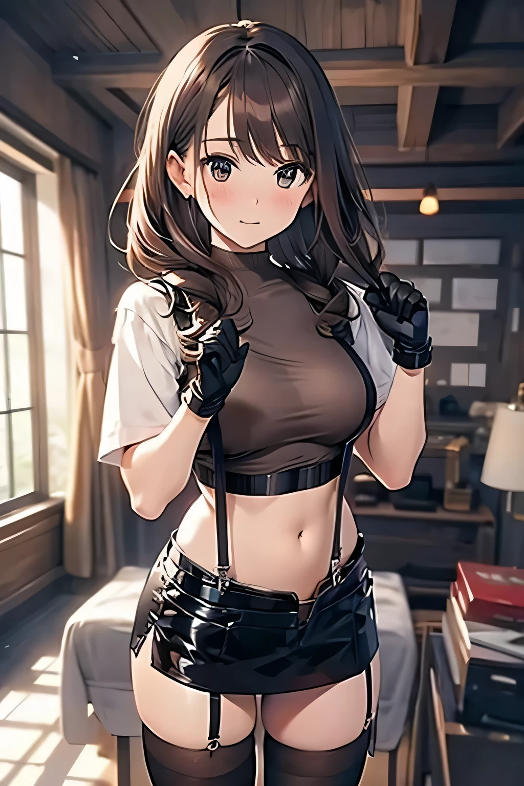 Brown hair、watching at viewers　　　black suspenders　　　bulging big tits　　 　 　　　walls: 　Black miniskirt　garters　　　　　　Gaze　　　a small face　bangss 　　　holster　　　Beautuful Women　　Hands up　　レッグholster ベッドに横たわる　　Gaze 　black boots panty shot　Provocation　flank　flank汗　Single hand gloves　arms are
