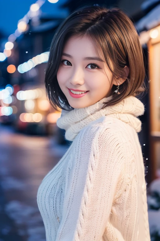 (One girl、she has a gift box in her hand、She smiles shyly、Hair fluttering in the wind.。 :1.3)、(Snowy winter night street corner with christmas illuminations:1.5)、(Perfect Anatomy:1.3)、(No mask:1.3)、(complete fingers:1.Phototriaritic、Photography、masutepiece、top-quality、High resolution, delicate and pretty、face perfect、Delicate and beautiful air skin around the eyes、realisitic human skin、pores、(Dark hair),((no-makeup))、(realisitic、Photorealsitic、ultra-detailliert、Highest Details Skins、top-quality、​masterpiece、超A high resolution)、Cute Japan Woman、sixteen years old、hi-school girl、younggirl、1 girl in、I have bangs、二重まぶた、drooing eyes、Large black eyes、Charming、purity、Cute smile、Natural smile、View here、realisitic skin type、Thick muffler、knit sweater fluffy hair、((Scarf Hair))、The wind is blowing、It's snowing、illuminations、Lighting from behind、Medium Bob Cut、Do not show ears，eyes are big，slightly flabby eyes，no-makeup，((large udder))，((Voluminous bust))