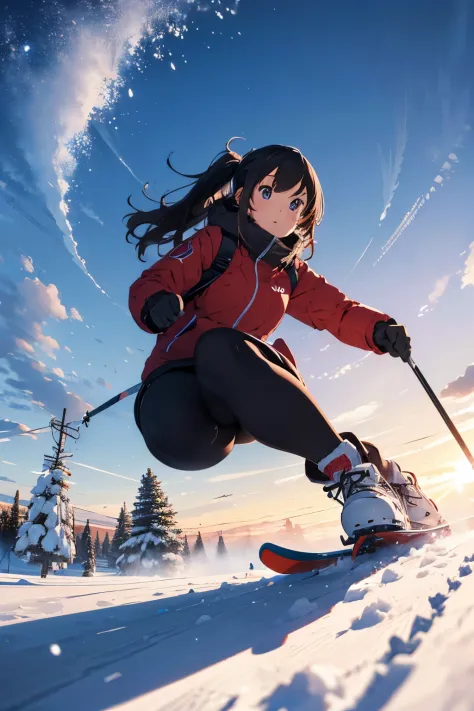 1 girl，(skiing, sled, snow explosion),Raw edge red down jacket， action  shot, vivd colour，rays of sunshine, wide angles,Perfect ...