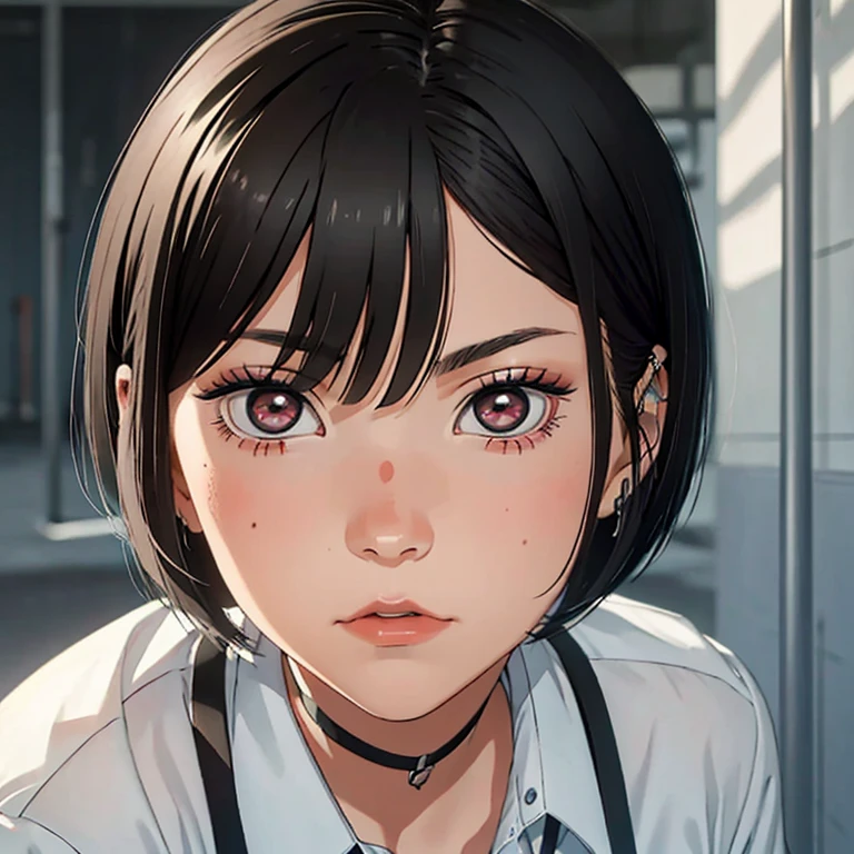 1female, teenage girl, short hair cut in a blunt bob that chin length that is messy, Tomboy, black hair, grey eyes, sharp eyes, school uniform, slender, portrait, androgynous looking