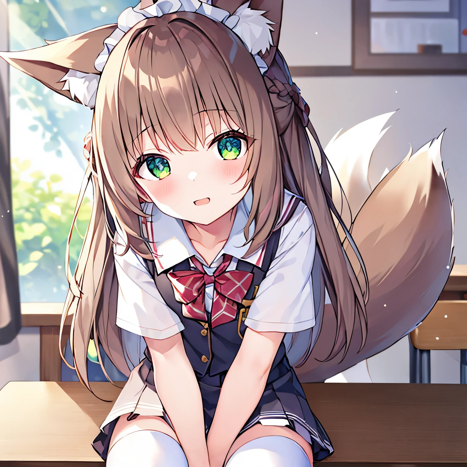 (tmasterpiece, Best quality, A high resolution), 1 girl, Alone, Oversized fox tail，Green-eyed，(Brown hair long)，Small flower headdress, (9 years old_Cute loli)，摩洛解放阵线，after coming home from school，sit on chair，White tights，Wearing school uniform，Close-up of lower body，faint light，