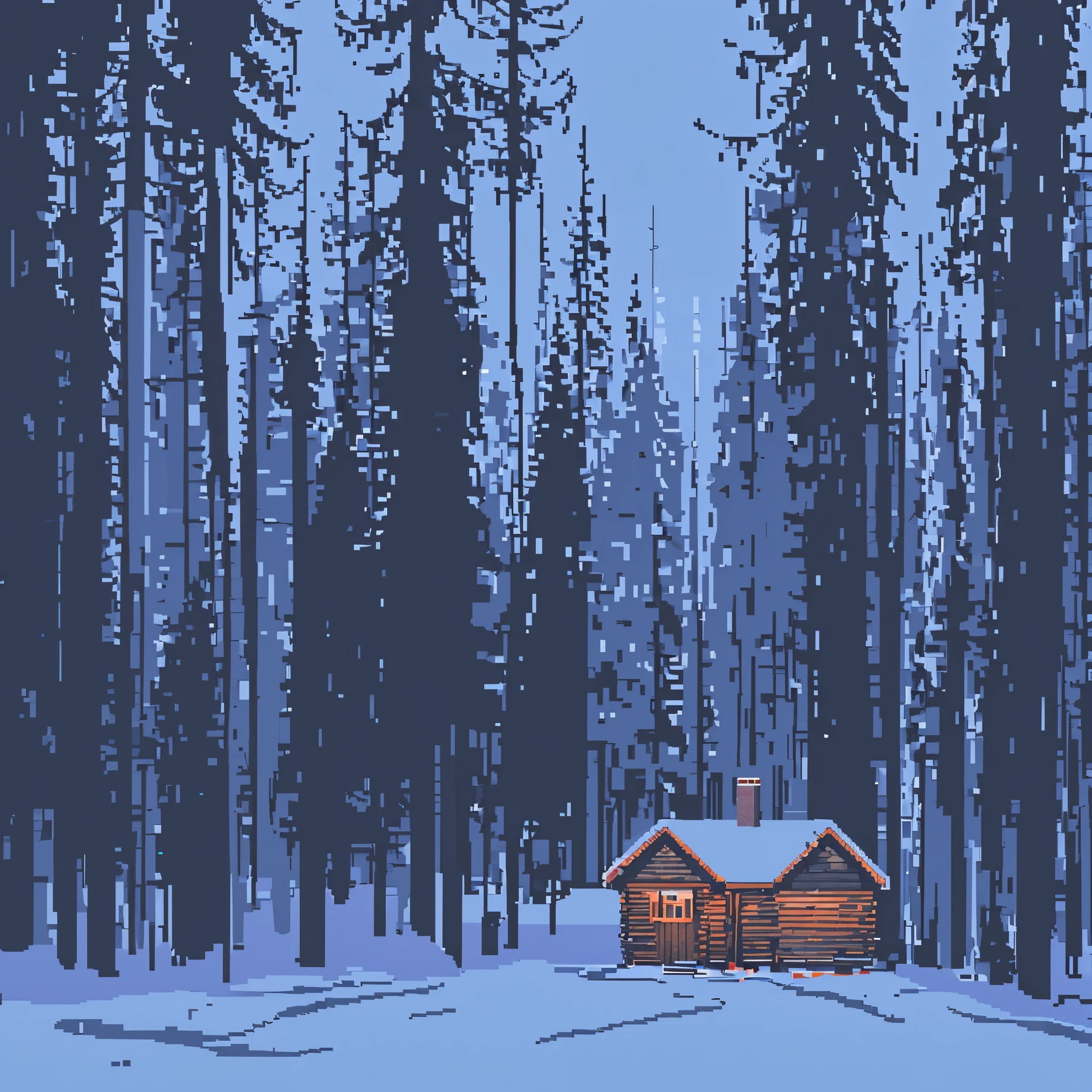 pixelart， buliding， 1 buliding，Cabin in the coniferous forest，The cold light of the cabin，The scene，snowy night，flashlight exposure，Splashed blood，A killer dressed in black stands in the snow，A victim lies in a pool of blood