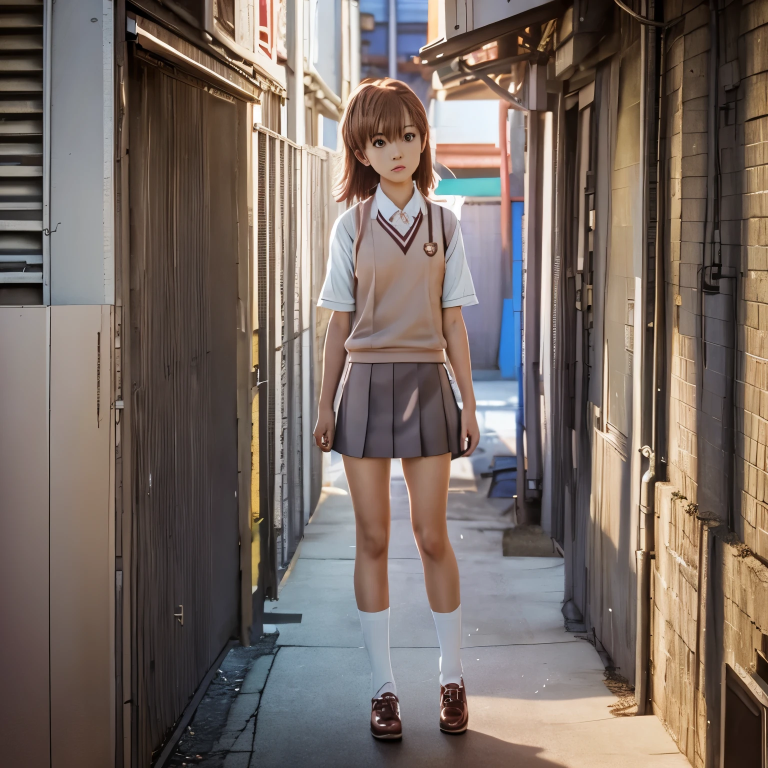 une fille d'anime en uniforme scolaire debout sur le trottoir dans une ruelle, debout dans une ruelle, Makoto Shinkai. rendu numérique, art cg anime lisse, debout dans une rue du township, style anime 3D réaliste, Makoto Shinkai style, belle lycéenne anime, visuel animé d&#39;une jolie fille, debout dans la rue du canton, debout dans la rue，Mikoto est monté，aux cheveux courts et dorés，Cheveux courts，Uniforme scolaire JK