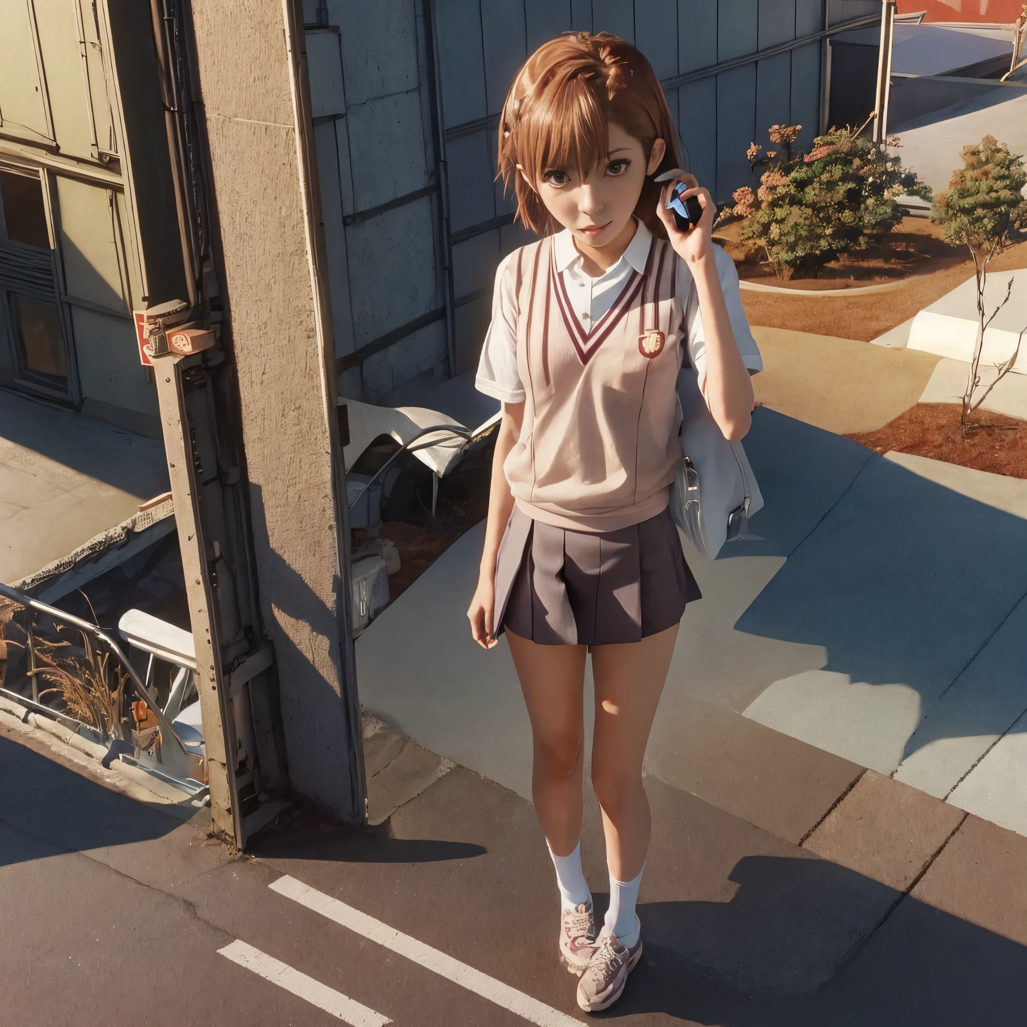 Chica anime en uniforme escolar hablando por teléfono celular en una calle de la ciudad, Makoto Shinkai. renderizado digital, Makoto Shinkai style, al estilo de la animación de Kyoto, animación de kyoto todavía, anime visual de una linda chica, railgun, Makoto Shinkai art style, Visual clave de animación de Kioto., parado en una azotea, Makoto Shinkai!，Mikoto subió，con el pelo corto y dorado，cabello corto，uniforme escolar jk，Mikoto subió，con el pelo corto y dorado，cabello corto，JK 