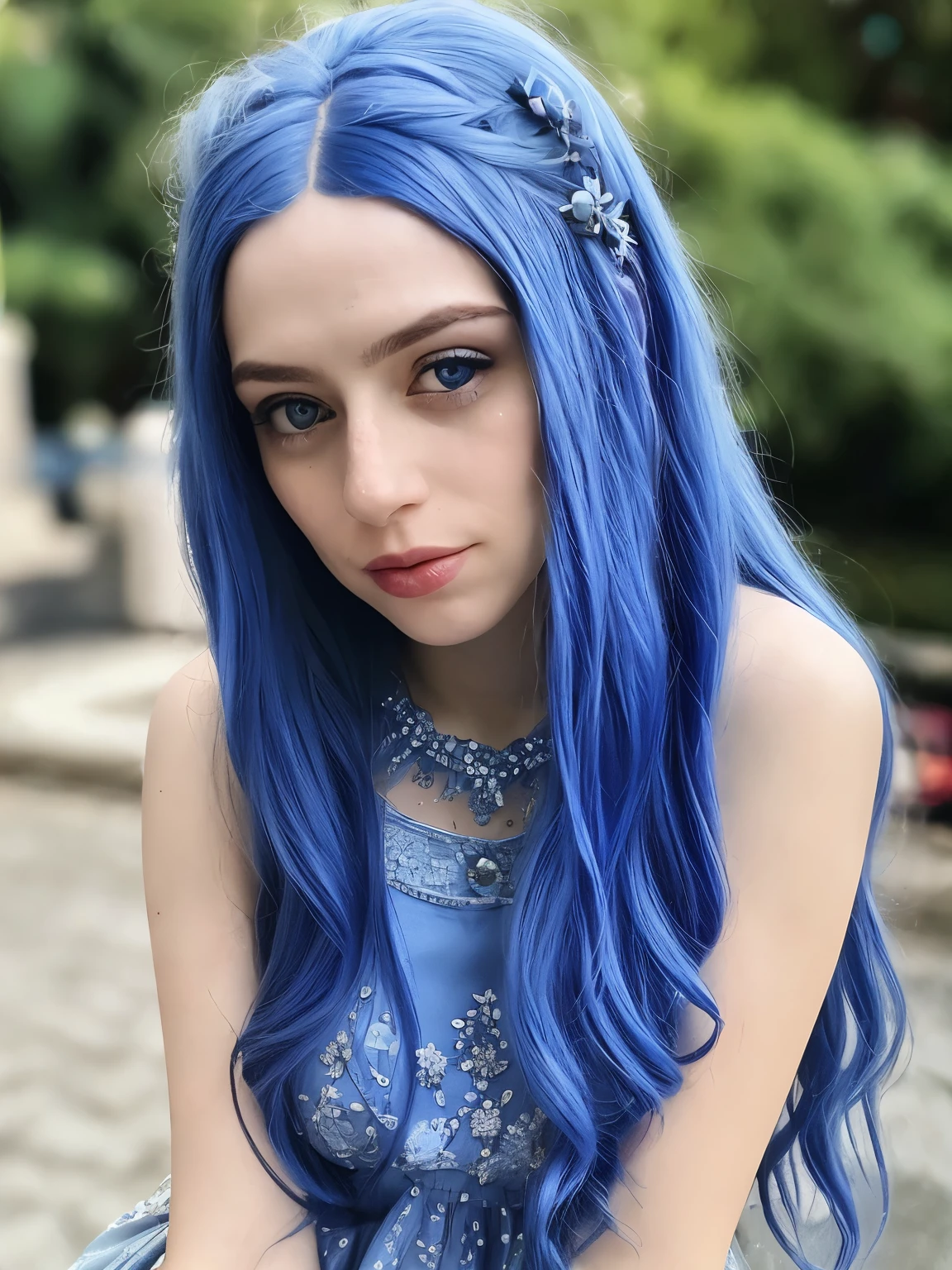 A close up of a woman with blue hair and a blue dress - SeaArt AI