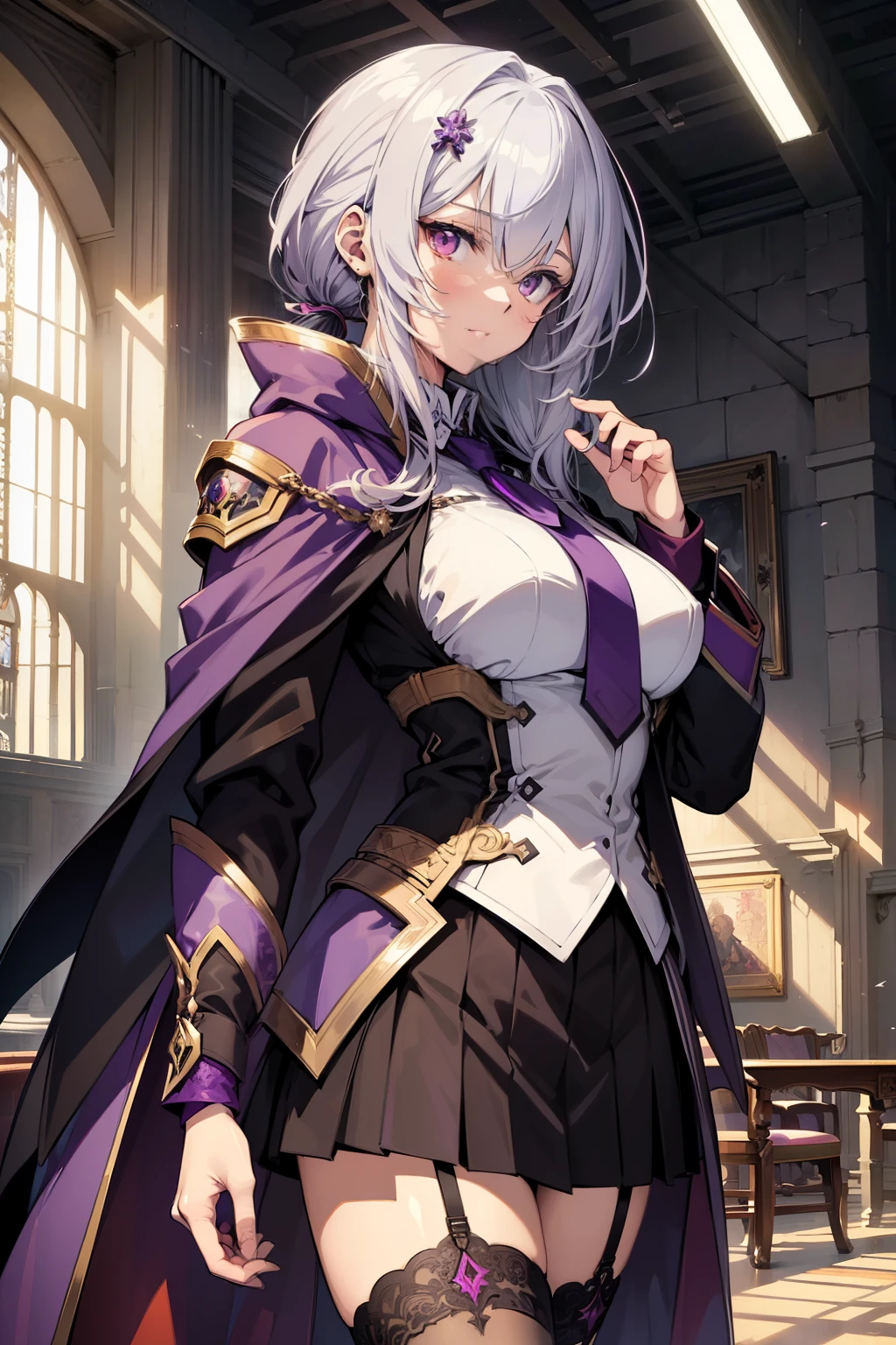 (best quality:1.3), (masterpiece:1.3), (illustration:1.3), (ultra-detailed:1.3), (imid shot:0.9), 1girl, medium breasts, purple eyes, (((white hair))), hair ornaments, tall, mature, long hair, indoors, thigh-highs, (low ponytail:1.2), upper body, white suit, necktie, black and purple cloak, long sleeves, skirt