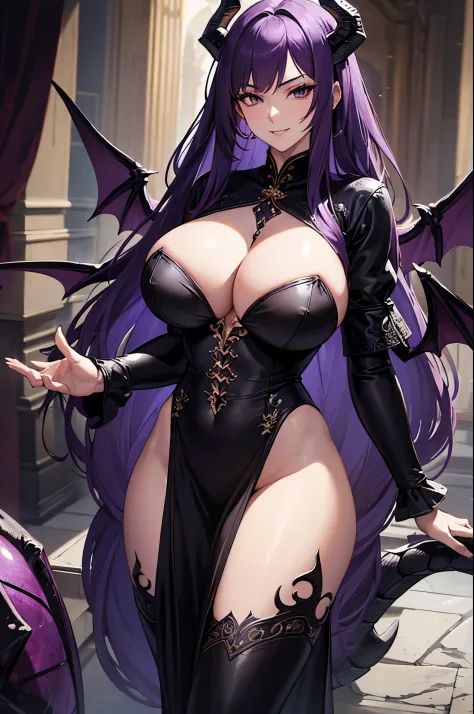 master piece, highly detailed, ultra-detailed, alone, (1Woman), mature, tall, milf, long hair, purple hair, girl, Dragon Woman, black dragon, black dragon horns, dragon wings, black scales, gorgeous, Charming, black eyes, elegant, large chest (huge), perky...