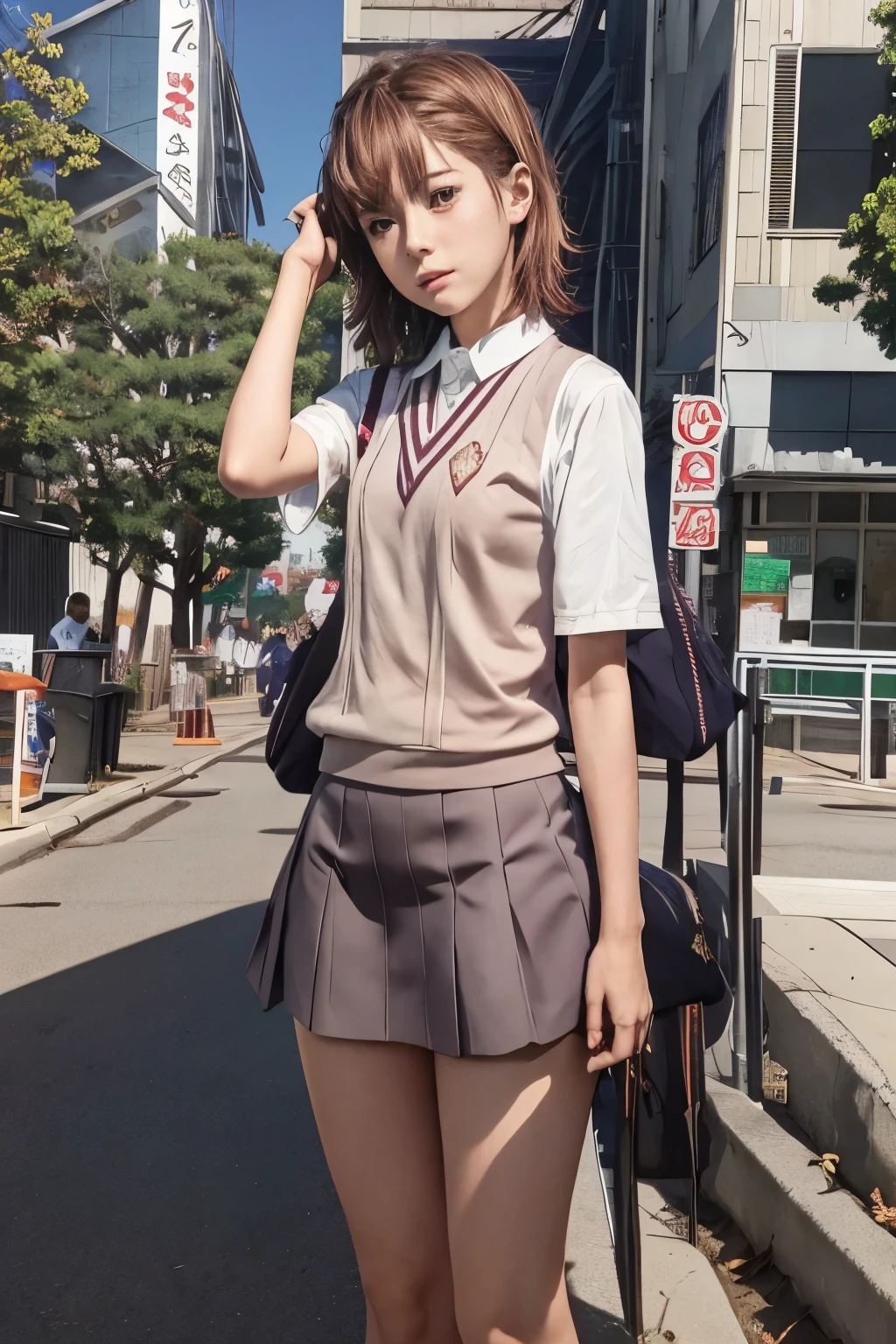 anime girl en uniforme scolaire debout au coin d’une rue, Style de collection Kantai, belle lycéenne anime, style artistique anime moe, visuel animé d&#39;une jolie fille, Makoto Shinkai. rendu numérique, canon à rail, Makoto Shinkai style, art cg anime lisse, Makoto Shinka, une écolière hyperréaliste, makoto, jeune fille animée，Mikoto est monté，aux cheveux courts et dorés，Cheveux courts，Uniforme scolaire JK