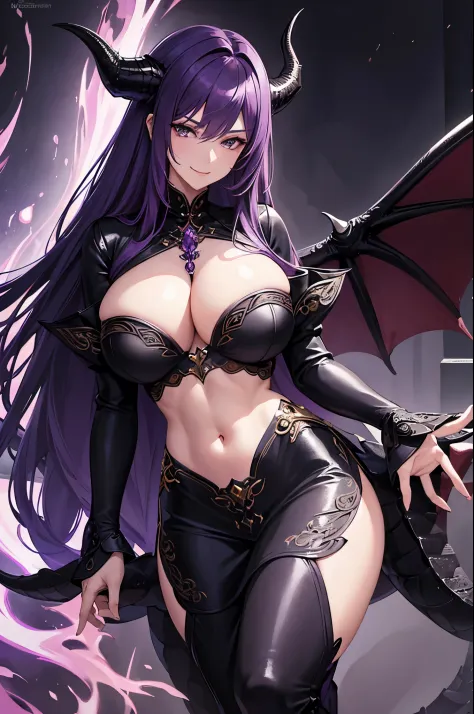 master piece, highly detailed, ultra-detailed, alone, (1Woman), mature, tall, milf, long hair, purple hair, girl, Dragon Woman, black dragon, black dragon horns, dragon wings, black scales, gorgeous, Charming, black eyes, elegant, large chest (huge), perky...