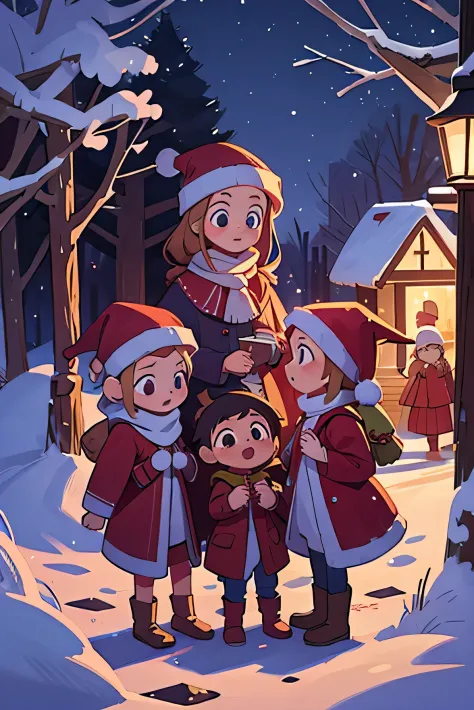 children, three children, carolers, caroler clothing, winter, winter background, night