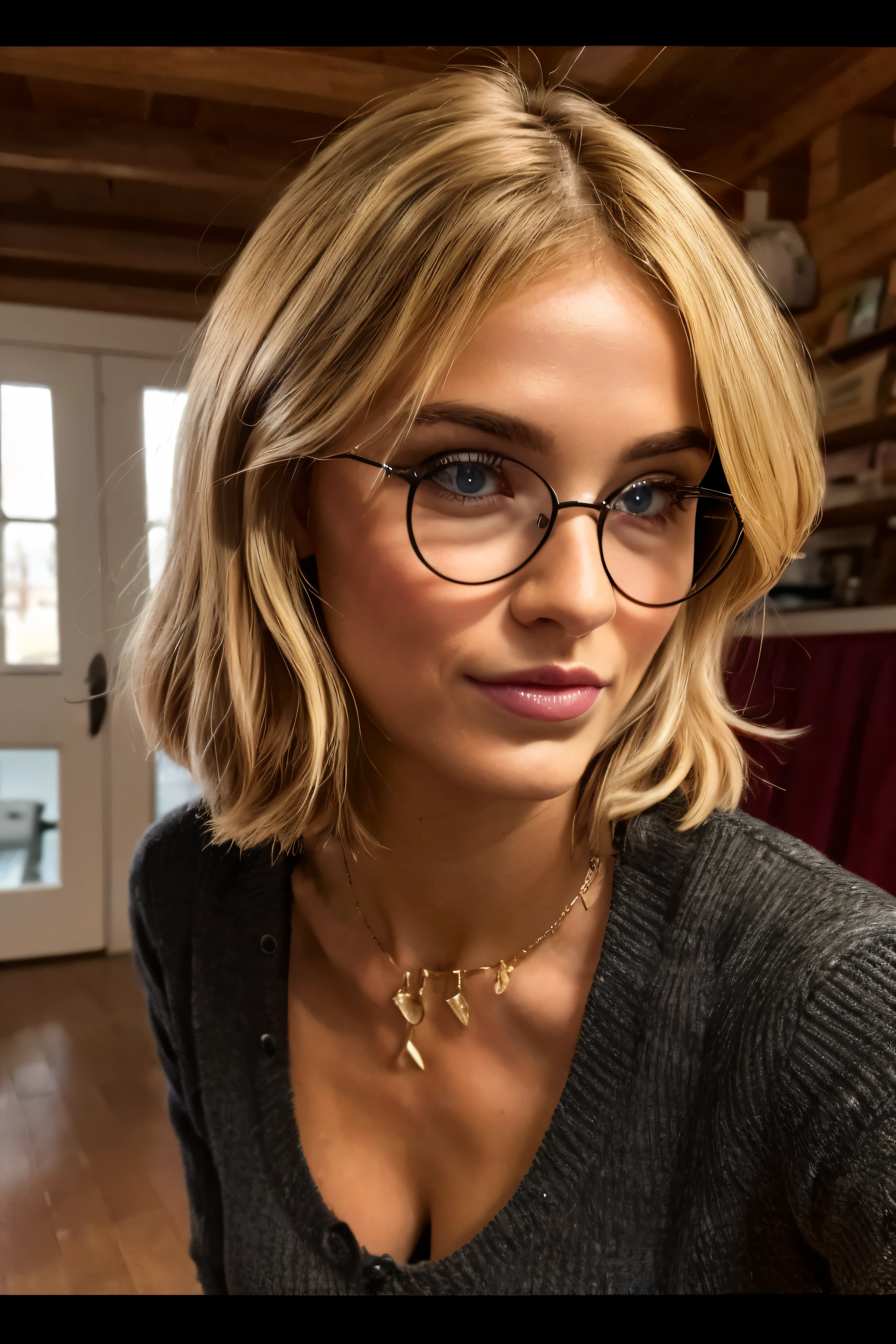 A close up of a woman wearing glasses and a sweater - SeaArt AI