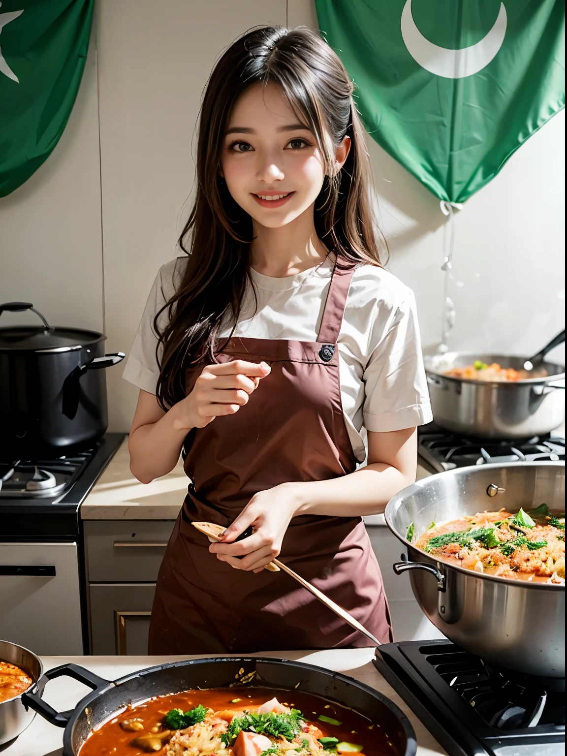 femele、a smile、ren、kawaii、Standing in front of the curry and rice ingredients、Image of how to start cooking。Pakistan flag or pakistani style background