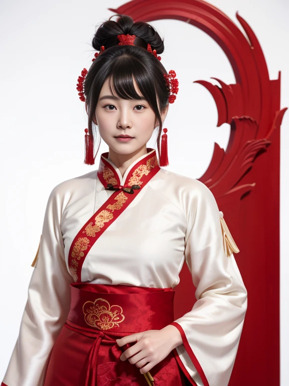 1 girl, Woman, Handsome, inky, chinese armor, ((2.5D)), Black hair, Floating hair, Delicate eyes, black and red antique damask Hanfu, FOV, (F1.8), (masutepiece), (portrait shot), Front shot, White background, (Cinematic poster)