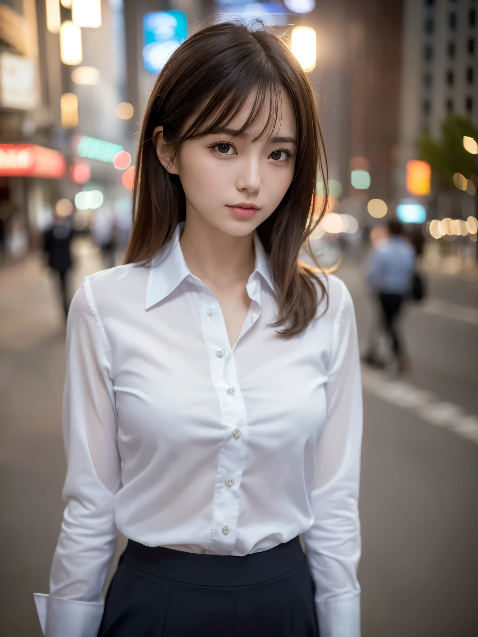 ((top quality, 8k, masterpiece: 1.3, raw photo)), Sharp Focus: 1.2, (SOLO), (1 aespa girl: 1.2), (Realistic, Photorealistic: 1.37), (face focus: 1.1), cute face, small breasts, flat chest, short messy hair, (business shirt: 1.1), Beautiful Woman standing the city Under Lamp Light, cinematic lighting, thigh, chiffon panties,