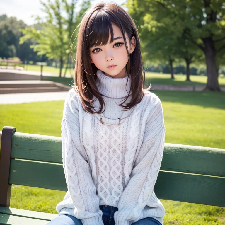 pureerosface_v1:0.3, best quality, photorealistic, 8k, high res, full color, 1girl, woman, 20 years old woman, closed mouth, (skindentation), (portrait:0.6), trees, park bench, daylight, ((park background:1.52)), full color, ((necksweater:1.68)), looking at viewer:1.8, (1girl eyes looking at viewer:1.55), (medium-length hair, brownhair, partedbangs:1.45), (bokeh),