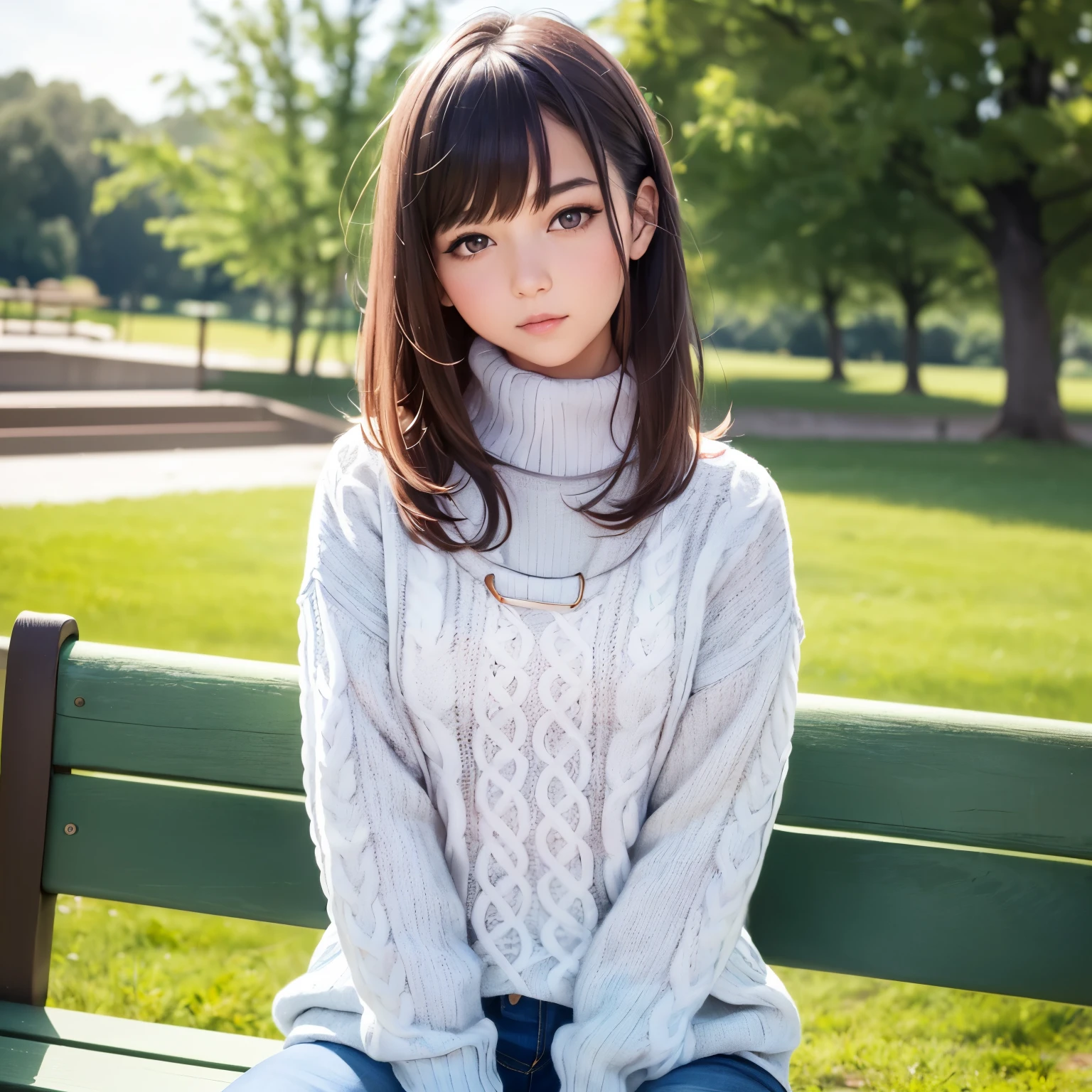 pureerosface_v1:0.3, best quality, photorealistic, 8k, high res, full color, 1girl, woman, 20 years old woman, closed mouth, (skindentation), (portrait:0.6), trees, park bench, daylight, ((park background:1.52)), full color, ((necksweater:1.68)), looking at viewer:1.8, (1girl eyes looking at viewer:1.55), (medium-length hair, brownhair, partedbangs:1.45), (bokeh),