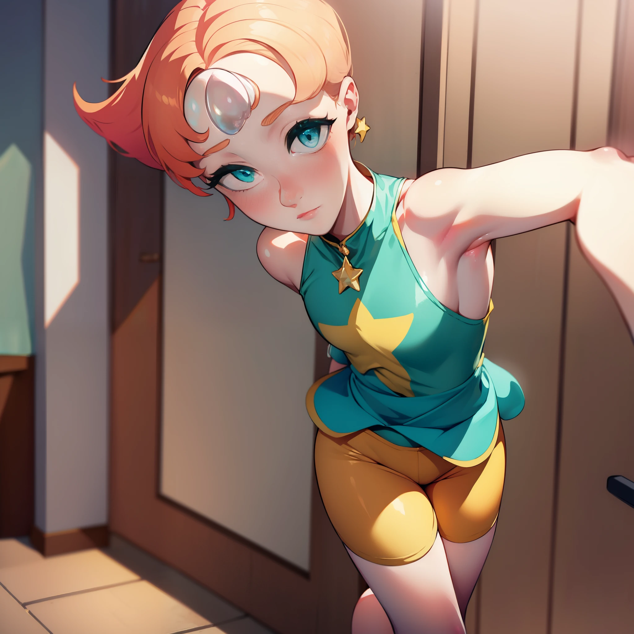 1girl, Pearl, pale, ivory complexion, light-cyan eyes, peach-colored hair, forehead gem, teal leotard with skirt, yellow shorts, star emblem, swept-back hair, short hair, pearl gem, pointy nose, perfect anatomy, better hands, cyan blush, shy expression