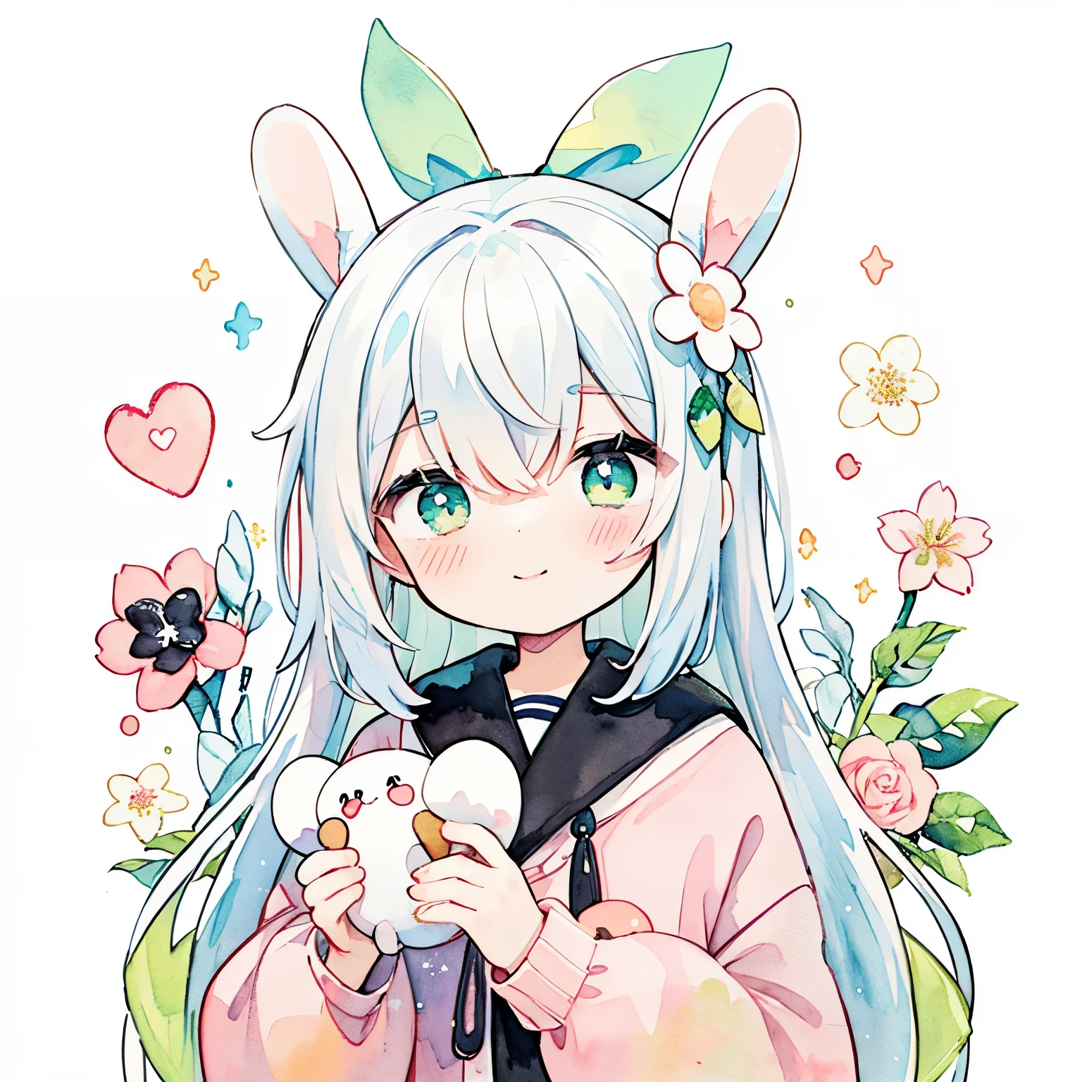 (PastelColors:1.5)、(Cute illustration:1.5)、(watercolor paiting:1.2)、(1 girl:1.0)、hair between eye、White background、White knitted long sleeve clothing, Good Style、Glitter in the heart、White and slightly green motif, White hair、Cute, Floral ornament on the head、Happiness is playing、celebration、Thanksgiving、shorth hair、Smile,Serene、Upper body, Fantasy, Detailed picture、A slight smil、Toyowa Toyowa、Lots of memory、a picture、Stuffed white rabbit、Holding a stuffed rabbit、the tips of the rabbit's ears are black,