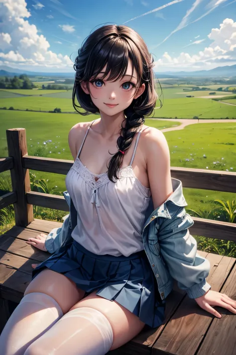 very cute and beautiful girl,(highly detailed beautiful face and eyes:1.2),(smile),happy,looking at viewer,
white camisole,cowboy shot,sitting,spread legs,white panties,zettai ryouiki,(pleated blue mini skirt:1.15),
countryside,grassland,hilltop,tiny color...