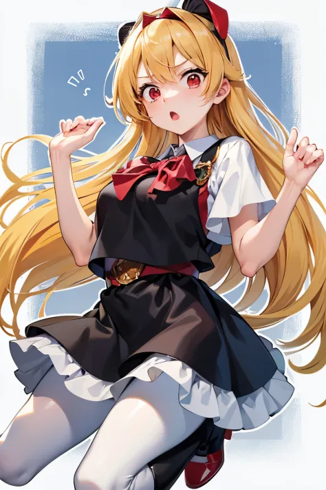 masutepiece, Best Quality, 1girl in, (cha-cha),a blond, (red eyes:1.2),((Hands up))、((a miniskirt))、((embarassed expression))、((white backgrounid))、((Photo from below))、((Black pantyhose))、((length hair))、((boots))