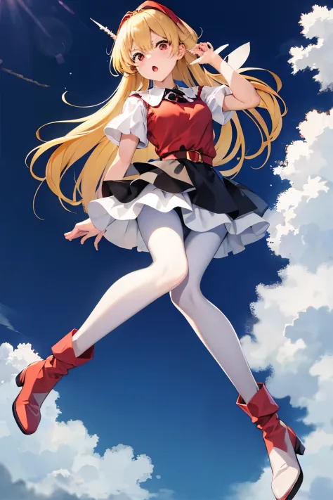 masutepiece, Best Quality, 1girl in, (cha-cha),a blond, (red eyes:1.2),((Hands up))、((a miniskirt))、((embarassed expression))、((white backgrounid))、((Photo from below))、((Black pantyhose))、((length hair))、((boots))