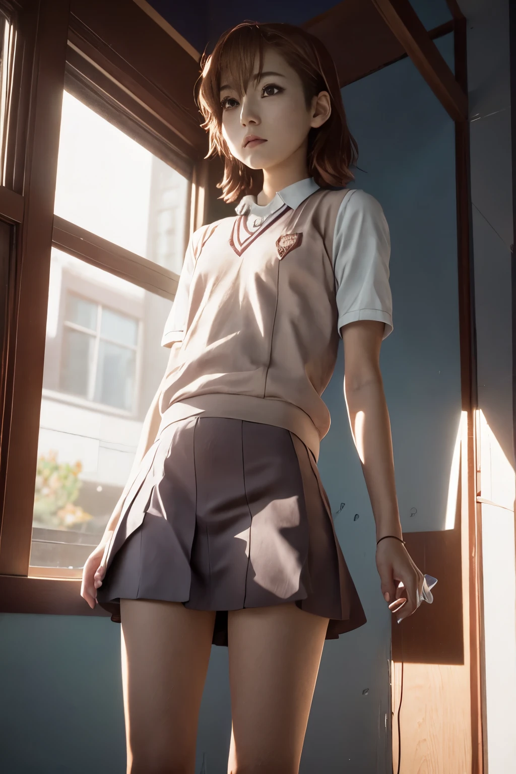 animado girl in school uniform standing in front of a window, smooth animado cg art, Makoto Shinkai. renderizado digital, animado. iluminación suave, parado cerca de una ventana, animado visual of a cute girl, painted in animado painter studio, attractive animado girl, clean detailed animado art, young animado girl, Makoto Shinkai style, beautiful animado high school girl，Mikoto subió，con el pelo corto y dorado，cabello corto，JK 