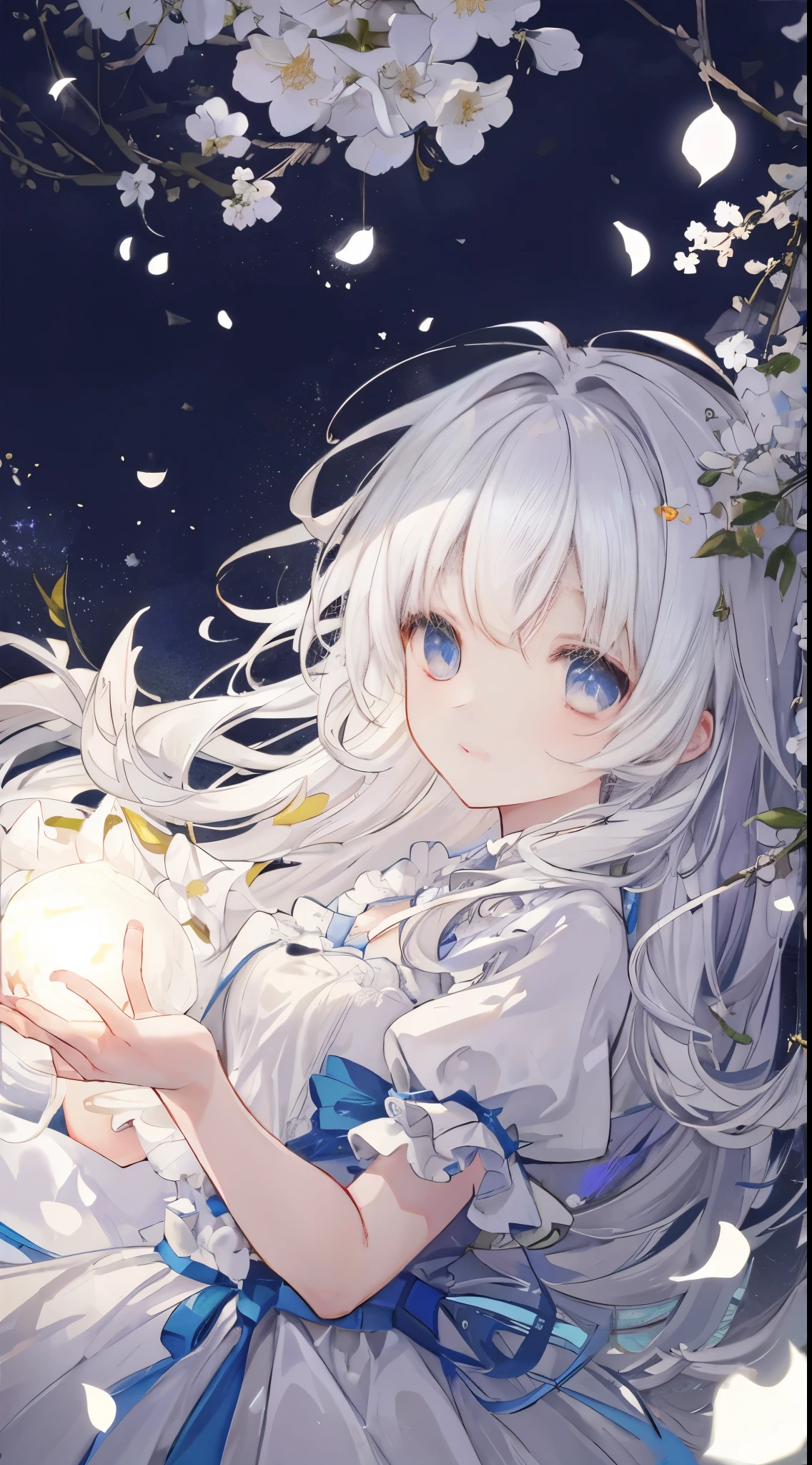 Anime girl with long white hair holding a white ball - SeaArt AI