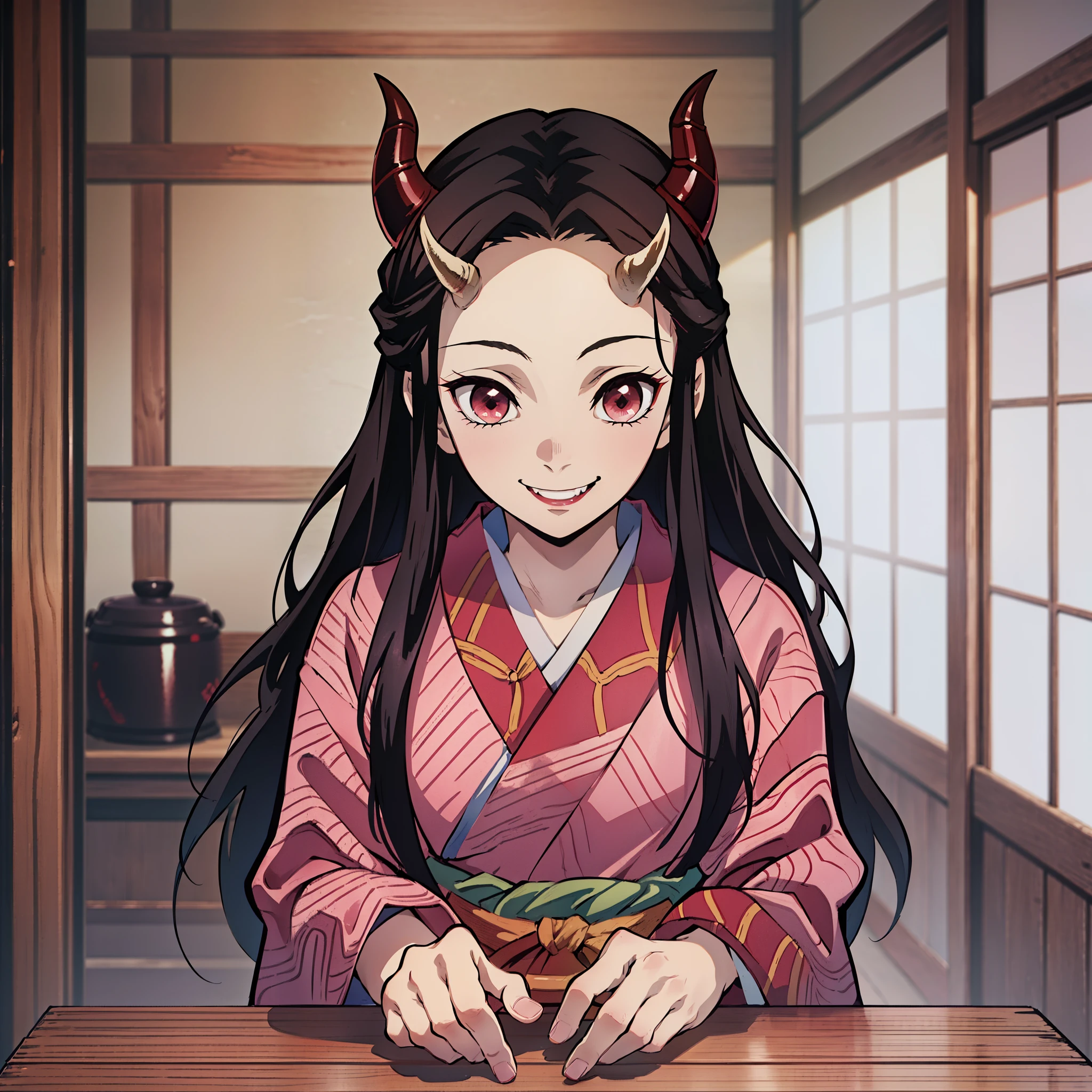 (dessus de la table, Meilleure qualité:1.2), À la manière de Kimetsu no Yaiba, Kamado Nezuko, (1 fille dans, seulement), 18 ans, haut du corps, kimono rose, (cheveux longs noirs, cheveux ondulés), front, (cornes de démon rouges, les yeux rouges), (Sourire démoniaque:1.2), longs crocs, doigt de signe de victoire, Table en bois