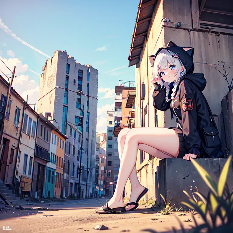 masterpiece, best quality, 1girl, hood up, cat-ear hood, white hair, blue eyes, french braid, blunt bangs, military black wear, ...