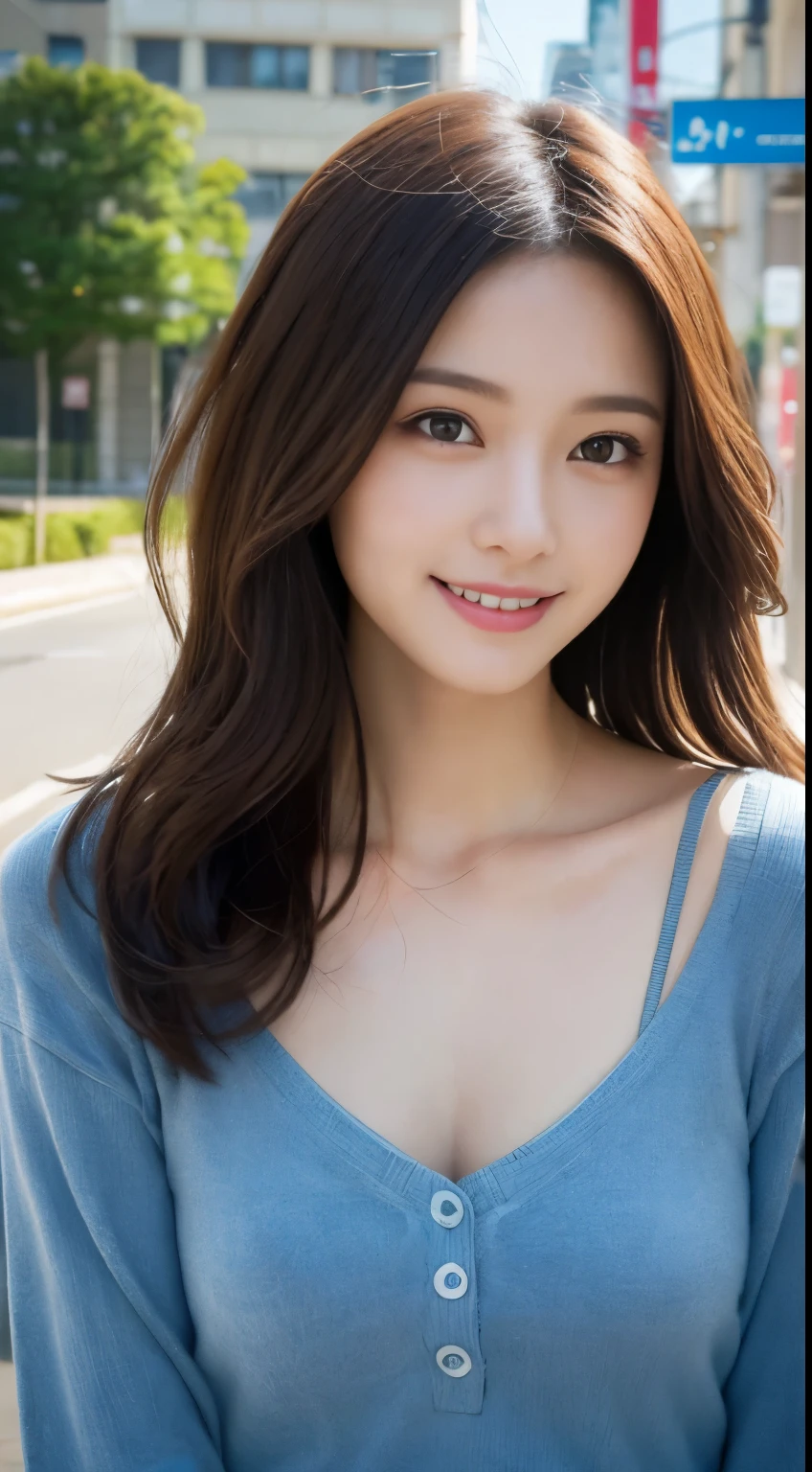 A close up of a woman with long hair wearing a blue shirt - SeaArt AI