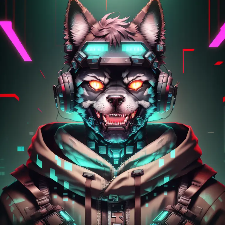 matwaretech , husky dog half face, scifi, cyberpunk, pixelated, malware glitch, holding a smartphone, neon mouth mask, helmet, v...