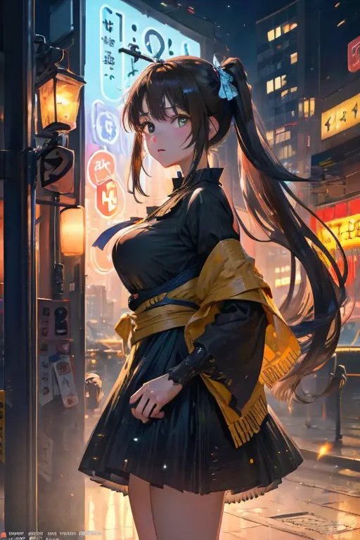 (Night:1.7), Cyberpunk_CityView,
(Standing:1.7) at attention,
Yellow and green shirt,Whiong_skirt,long sleeves, 
bare legs, 
bro...