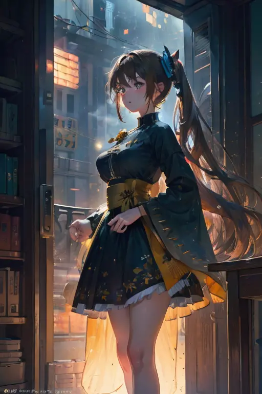 (Night:1.7), Cyberpunk_CityView,
(Standing:1.7) at attention,
Yellow and green shirt,Whiong_skirt,long sleeves, 
bare legs, 
bro...