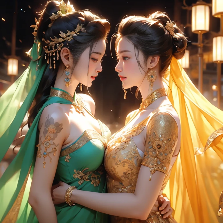 Two girls having close contact, 情侣fully body photo, Goddess girl, gorgeous one, splash起来, butterflys, Smooth pen and ink, lunar goddess, Whole body diagram，Detailed faces, (Upper part of the body: 1.4), (the underwear is transparent: 1.3), Golden decoration, solid black background,两个The beautiful白人女孩的特写镜头, Oiled, number art, fallopian tube, Full body lesbian,Sakimichan Art,Oriental mandala tattoo, Rich fractals, plata、golds、copper spirit,ancient floating objects, Antique lamps, fallopian tube，lacivious pose, Huge chest, Full body lesbian，胸大是The beautiful, sexy for, low chest, Bigchest, cleanness, Eternal, Hanfu, Wet, Certainly, Realist, highest details, loong pattern, fenghuang, Sankta, Sankta, jin shan, temple, Countless palaces, cloud, Luce Dorada, Nasturtium,  Faraway view,fallopian tube, Full body lesbian，Sakimichan Art，light  smile，splash，lacivious pose, Full body lesbian，transparent costume，light  smile，Estillo Jean-Baptiste Monge, bright, The beautiful, fallopian tube, bright , Cute and cute, filigrees, edge lit, lamplight, extremely , magical, hyper realisitc, like a dream, number art, Artyom and James Jean,ancient floating objects, Antique lamps, fallopian tube, ancient floating objects, Perfect masterpiece, Best quality at best, Perfect illustration, 8K, number art，Flat drawing，Colorful illustration，girl from far away, Shiny, splash, Smooth pen and ink，Two complete female bodies, body dynamic movement，Complete two female bodies, crotch chuck，fluids, 3d fractal，8 head body，lean legs，Natural sagging，big chest and thin waist: 1.8，high-heels，Elegant，High ponytail hairstyle，Complete body，bare-legged，Glow skin，有着Shiny银发，including legs and feet，King size，mesmerizing eyes，Slim abs: 1.6，The bones are straight，dermis, Decorative style，Sports and toned body, dermis, almost no clothes, Lop, Nice face, Octagon rendering, number art, extremly high detail，Polished, realistically, Focus sharp, hip is cocked, sexually arousing, sexual expressio, Hazy beauty, Camel toes, ample, character  design, unreal-engine, a 3D render, Volumetriclighting, rethink, smooth private parts, Digital illustration, fully body photo, Anatomically correct，ballet pose，Elegant styling，Camel toes, Short hair details, drenched all over the body