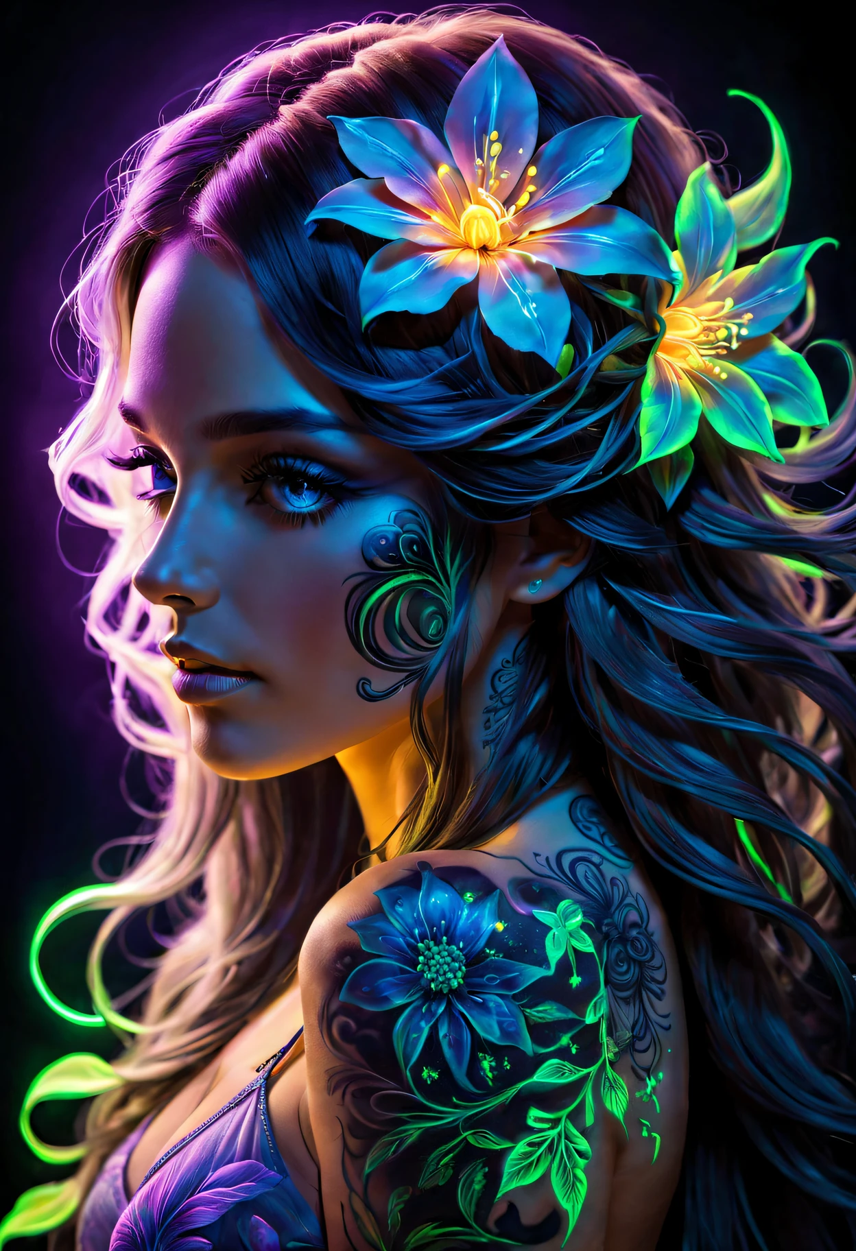 Arte de luz negra，Fotos de mujeres con pelo largo.，Una flor en su pelo, arte fluorescente，brilla en el arte oscuro，Dark，La belleza de los tatuajes.，luz de neón，Fantasía encantadora。