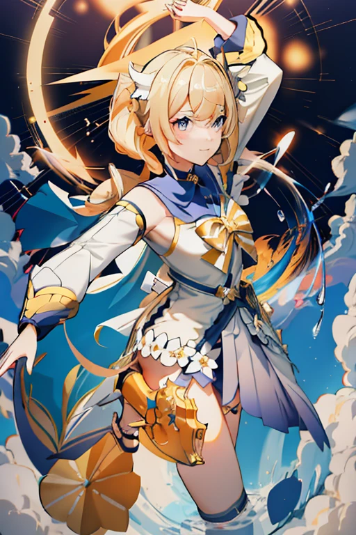 Anime girl with a golden headdress with horns and a sword, anime goddess, ayaka Genshin impact, ayaka game Genshin impact, knights of zodiac girl, portrait knights of zodiac girl, the goddess artemis smirking, Trending on ArtStation pixiv, keqing from Genshin impact, cushart krenz key art feminine, Genshin, beautiful celestial mage