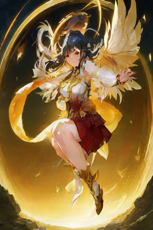 anime girl flying in the sky with wings in her hands, by yang j, ayaka genshin impact, cushart krenz key art feminine, with fier...